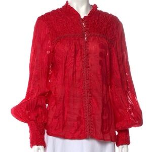 Alexis Red Blouse Linen/Silk Balloon Sleeves Embroidered M